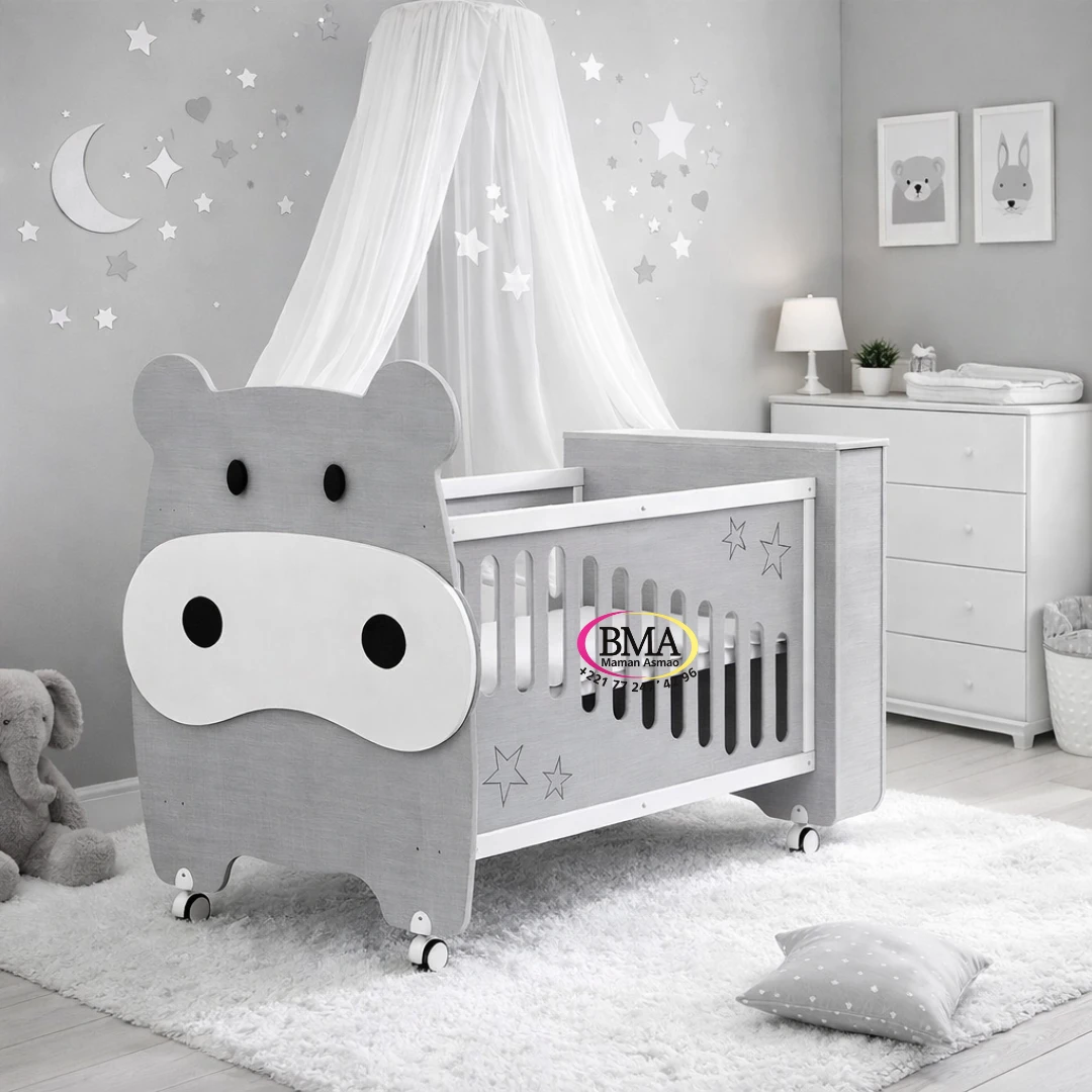 Design sans titre (75) Berceau en bois avec design d'hippopotame. – Image 1